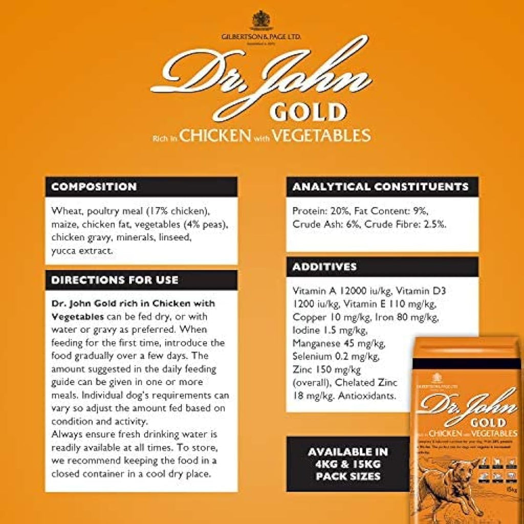 Dr John Gold Chicken & Vegetables Dry Dog Food - 15kg Complete Diet