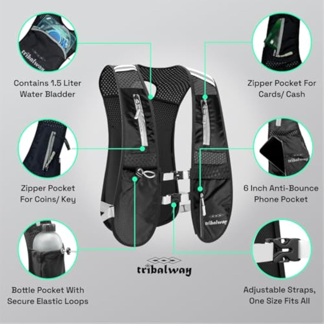 Tribalway Running Hydration Vest with 1.5L Water Bladder – Black