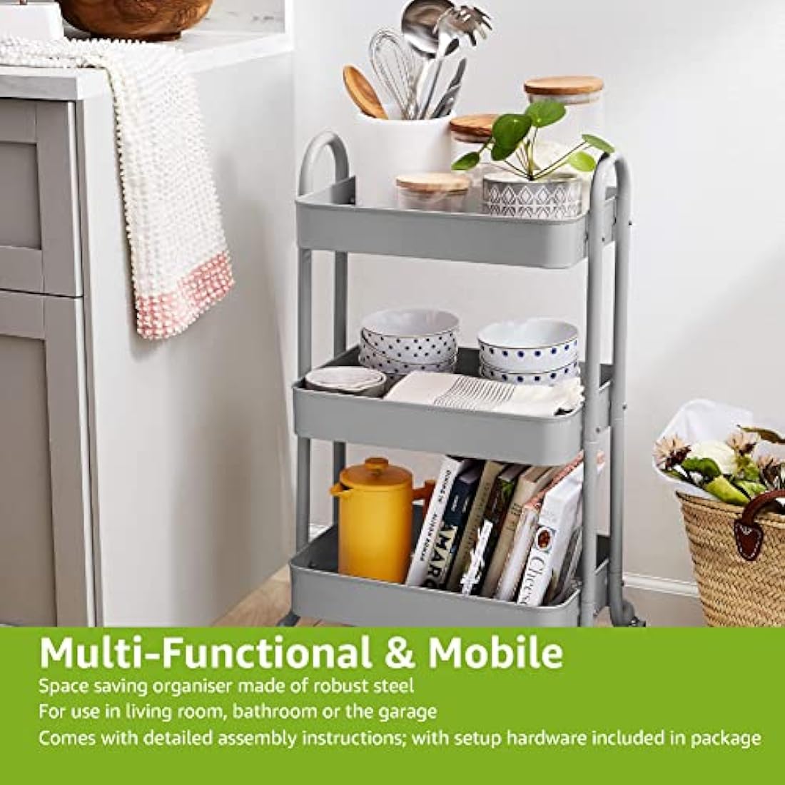 Jolof Store 3-Tier Rolling Metal Utility Cart – Charcoal Kitchen Storage