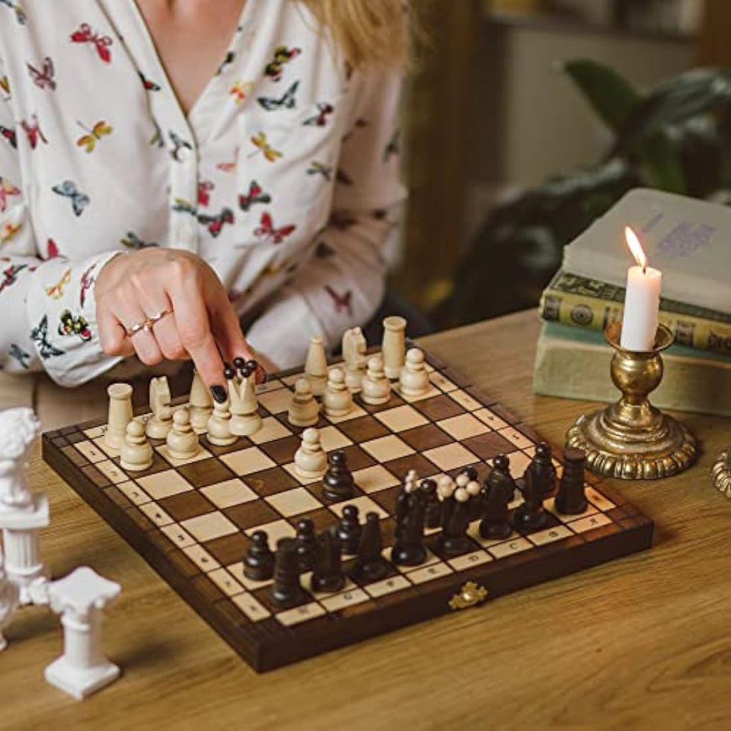 Handmade Wooden Chess and Checkers Set | Portable 31cm Board