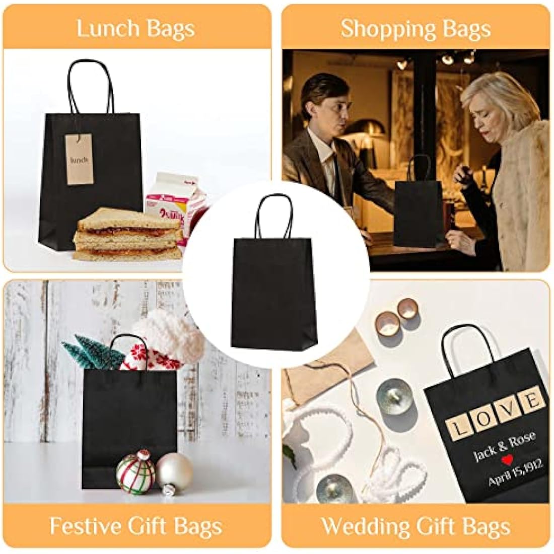 GIFTSAY Black Kraft Paper Gift Bags with Handles - 50 Pcs (15x8x21cm)
