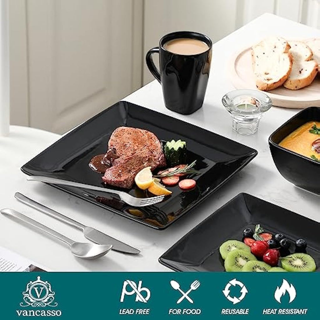 vancasso Soho 16-Piece Black Stoneware Dinner Set | Square Plates and Bowls