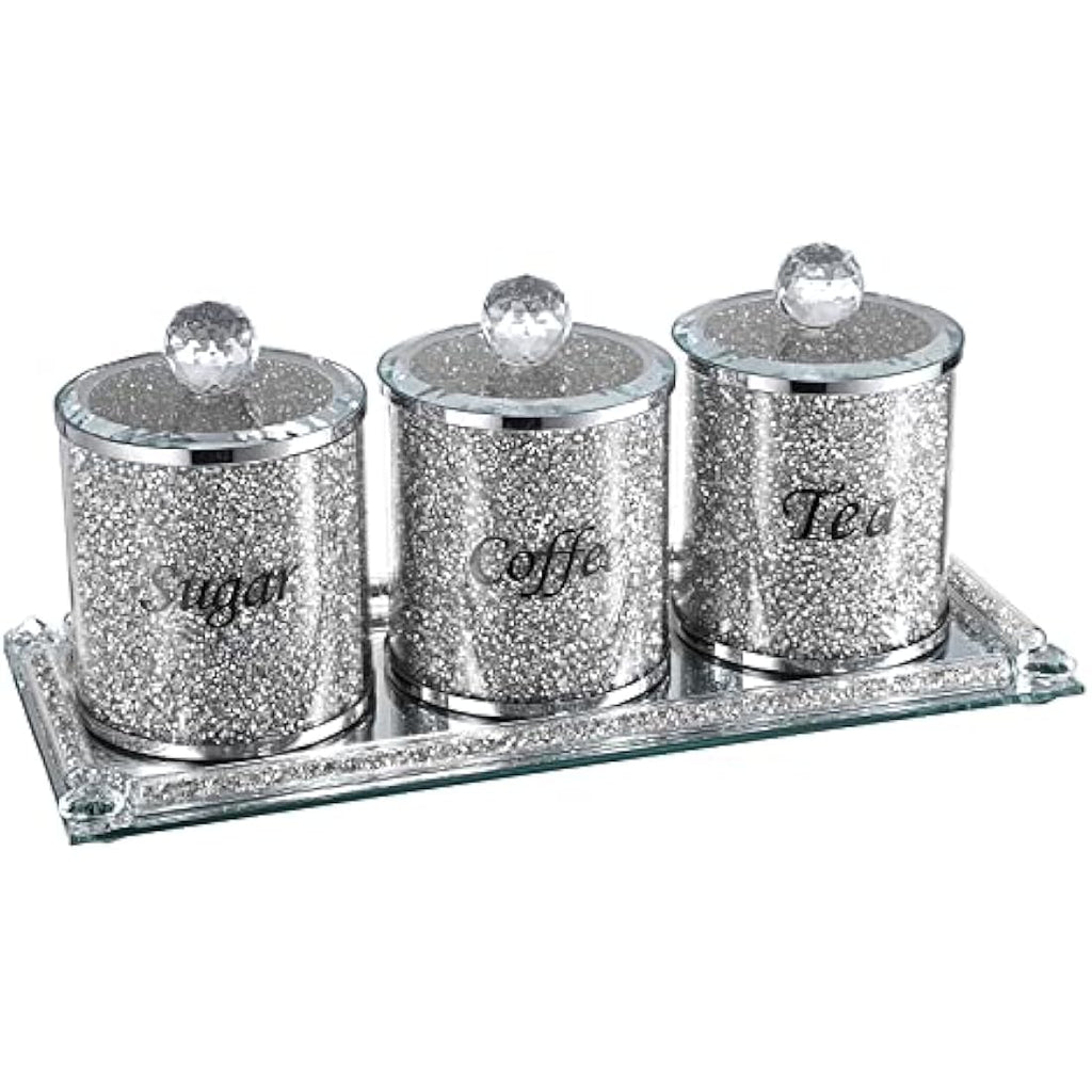 Jolof Store Crushed Diamond Glass Kitchen Canisters with Tray - Set of 4