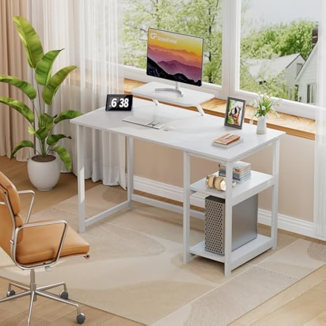 Jolof Store Computer Desk with Monitor Stand and Shelves – White
