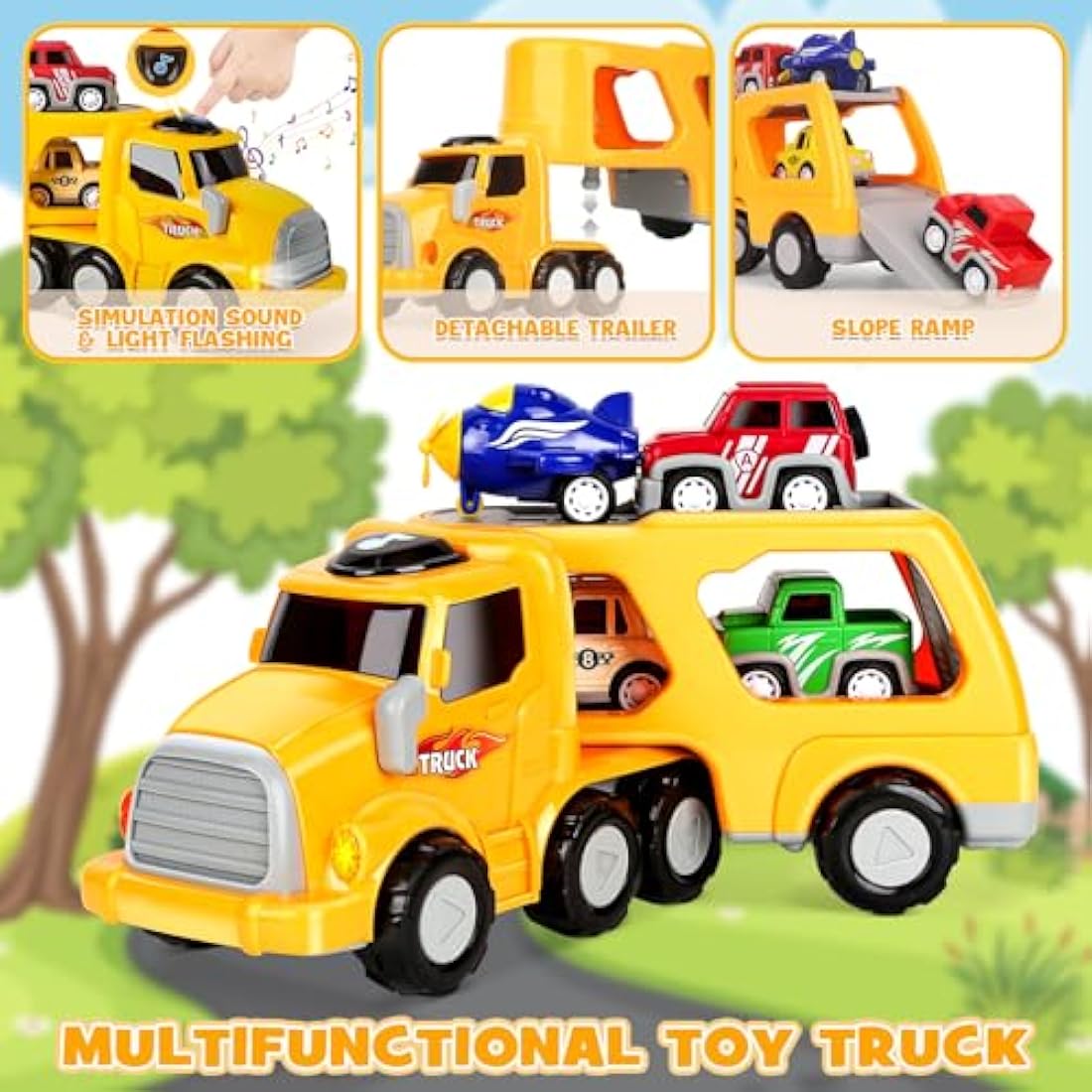 Aoskie Car Transporter Toy Truck with 4 Pull Back Cars for Toddlers