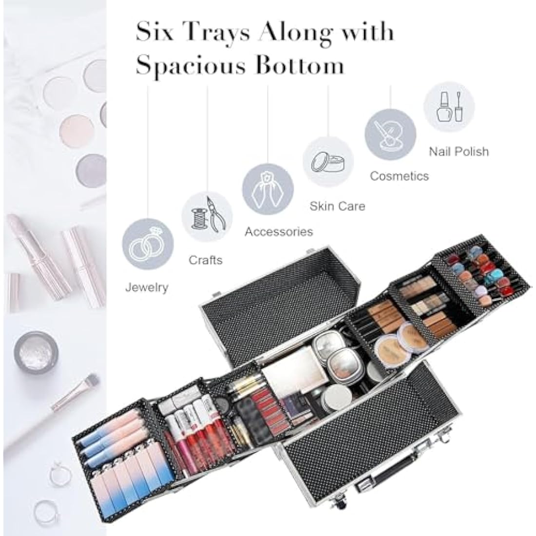 Frenessa 6-Tray Makeup Train Case | Silver Aluminum Cosmetic Storage Box