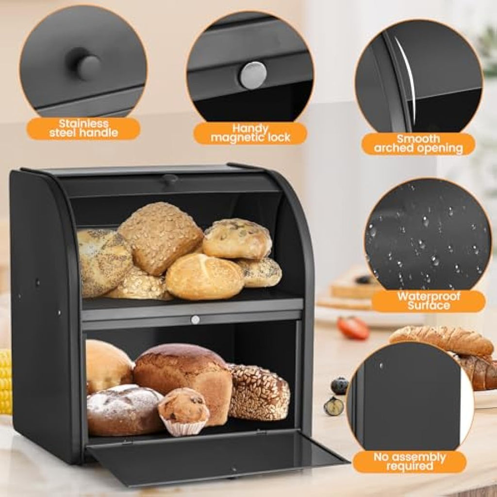 Esilihom 2-Layer Large Metal Bread Bin – Roll Top Kitchen Storage, Black