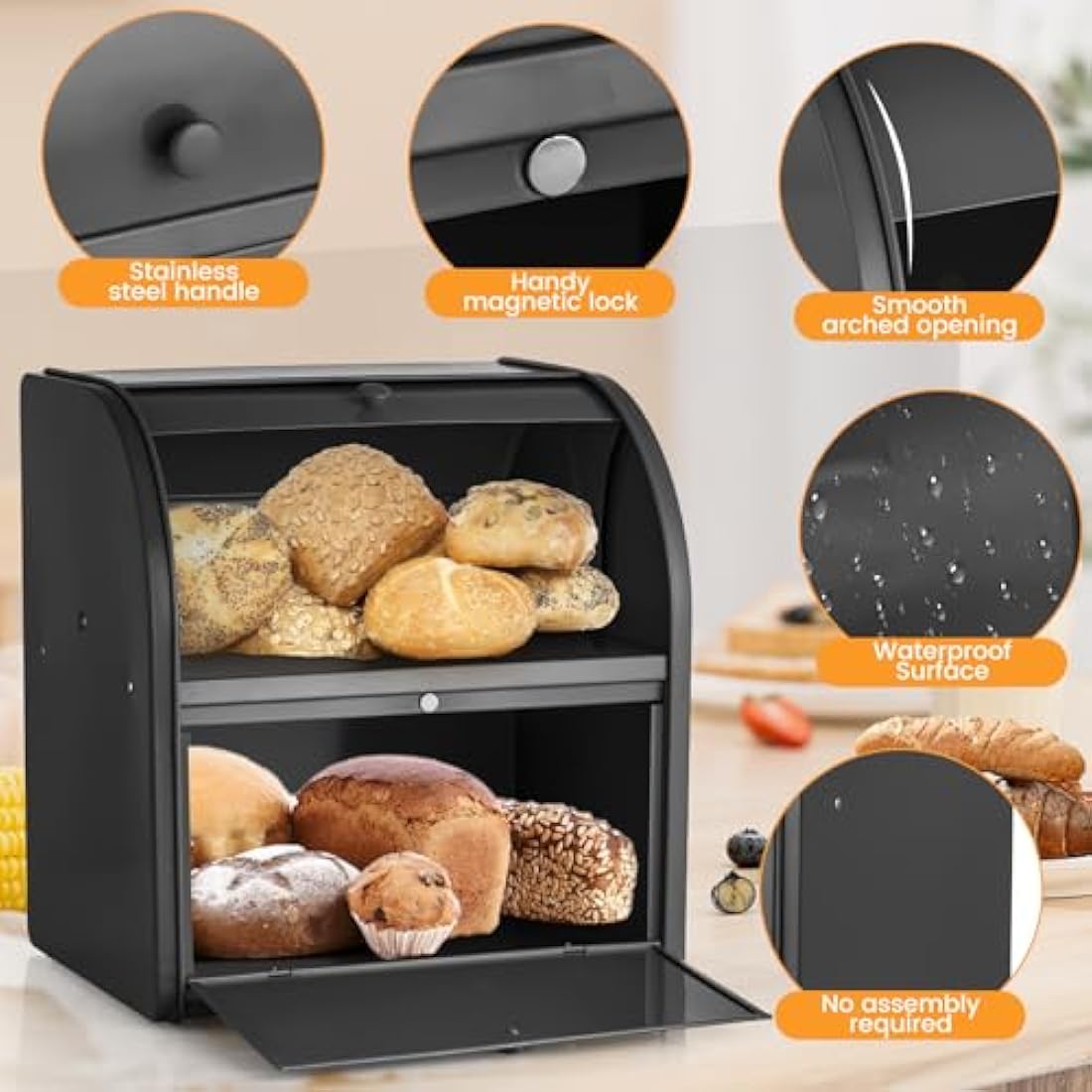 Esilihom 2-Layer Large Metal Bread Bin – Roll Top Kitchen Storage, Black
