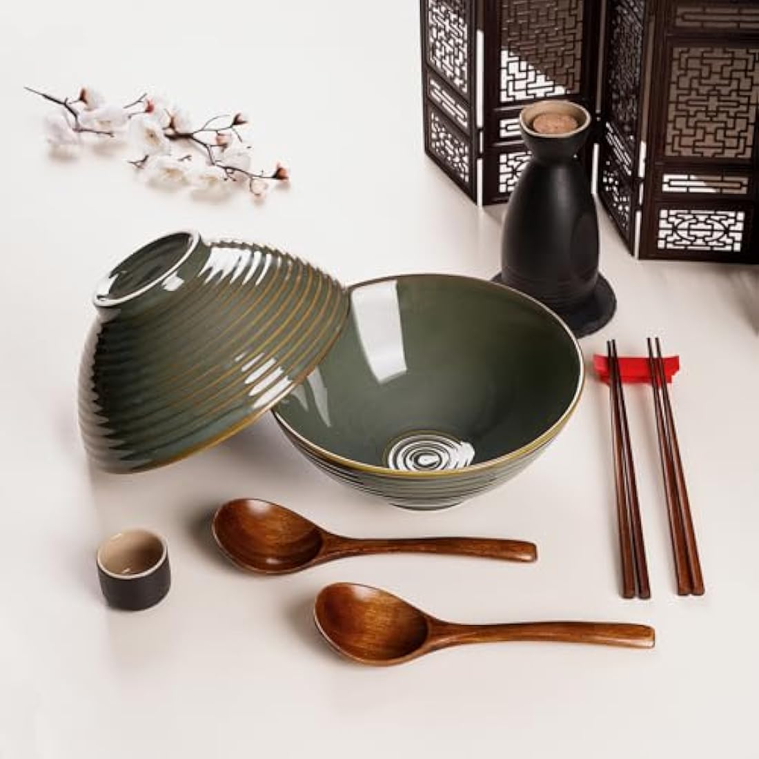 NUTRIUPS Ceramic Ramen Bowl Set of 2 - 1200ml Japanese Noodle Bowls