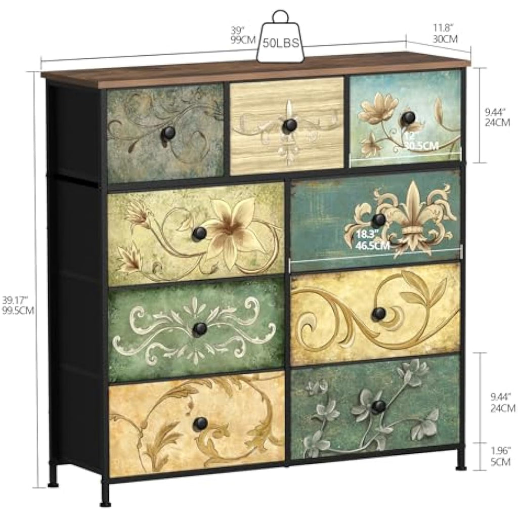 VEDECASA 9-Drawer Fabric Dresser – Retro Floral Chest for Bedroom