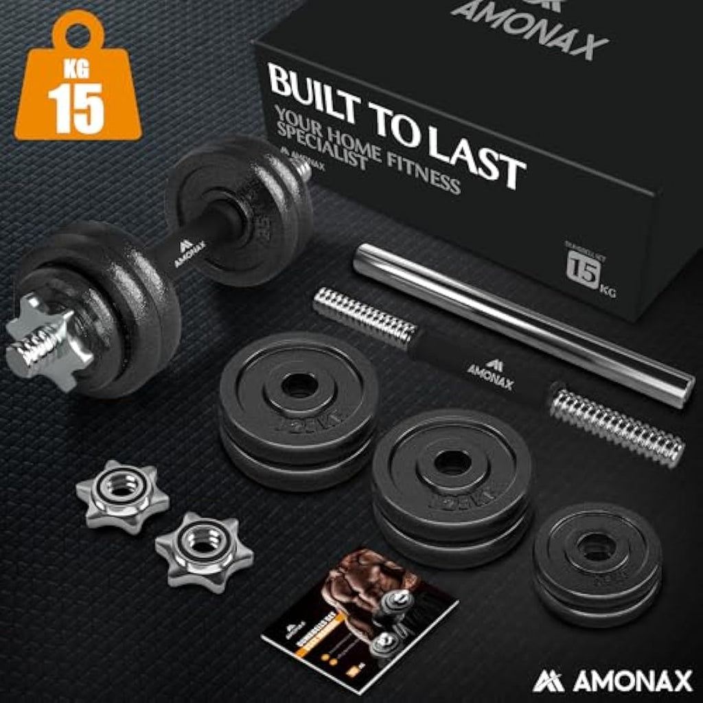 Amonax Cast Iron Adjustable Dumbbells & Barbell Set - 20kg/30kg