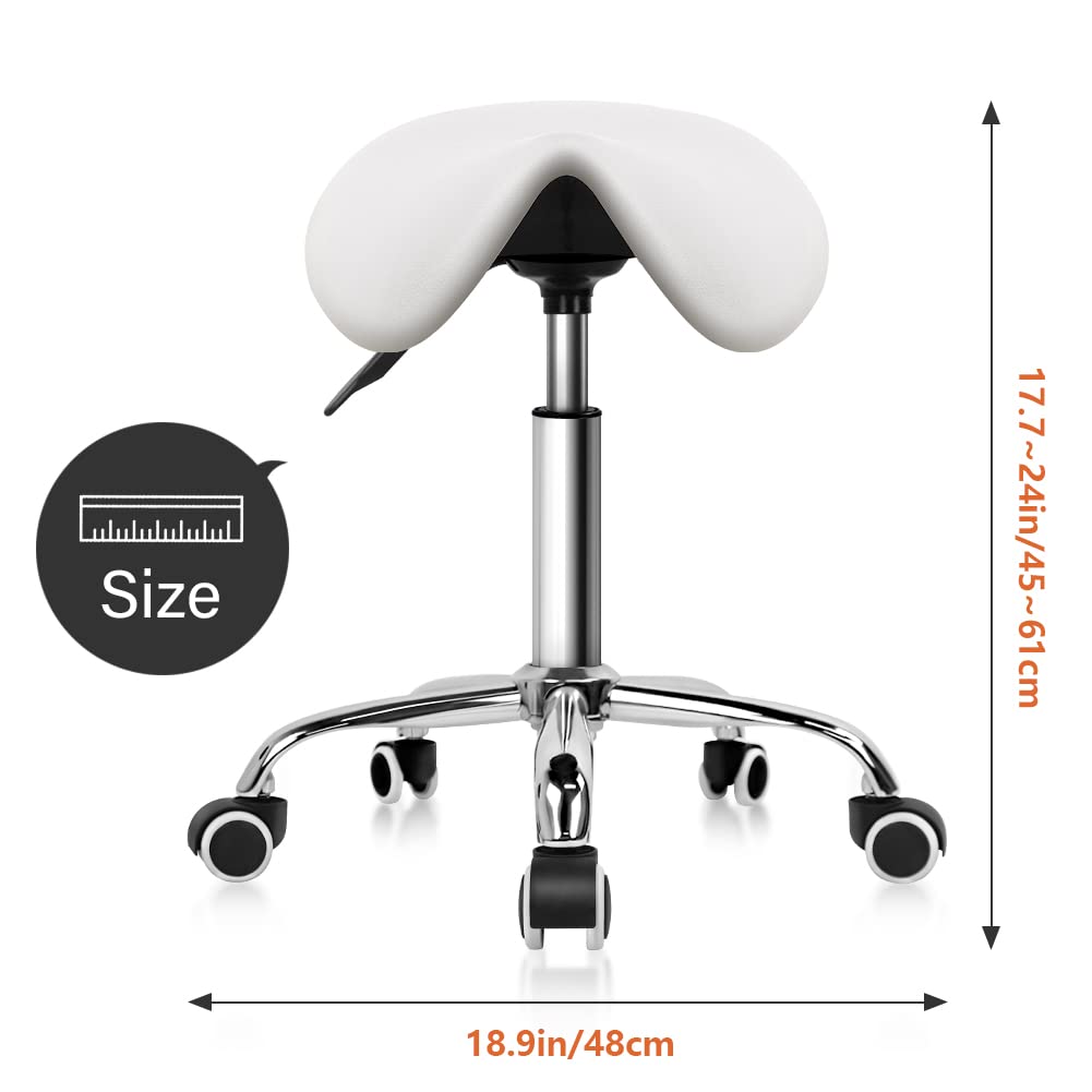 KKTONER Rolling Saddle Stool | Adjustable PU Leather Salon Chair - White