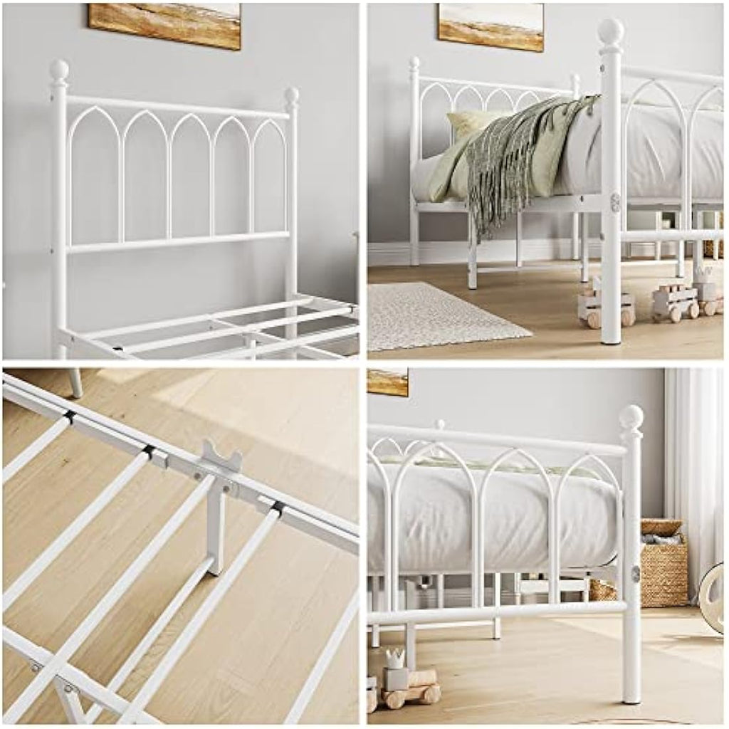 JELUTE Single Metal Bed Frame with Headboard and Footboard - White