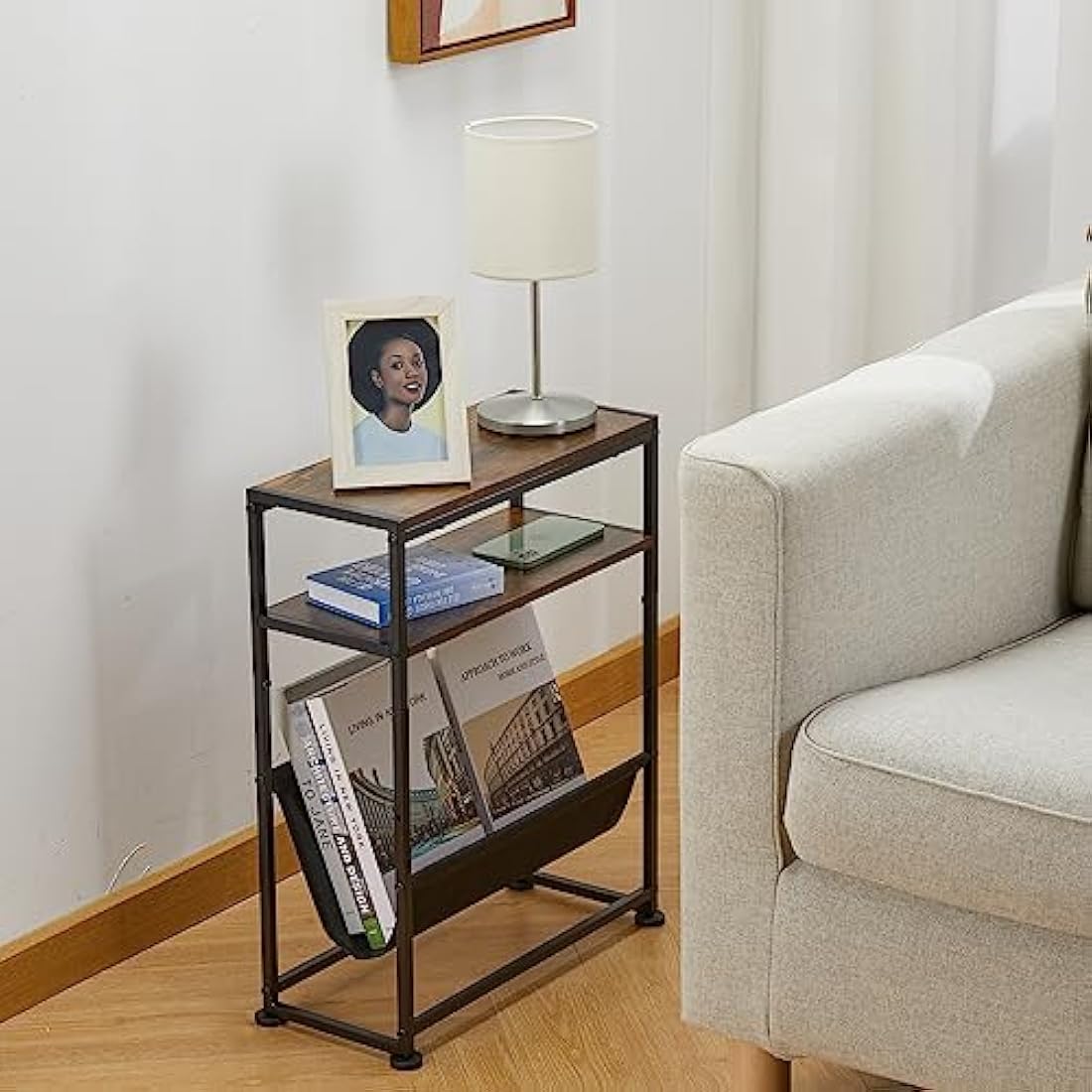 ZEXVIDA Narrow End Table with Magazine Holder – Slim Industrial Side Table