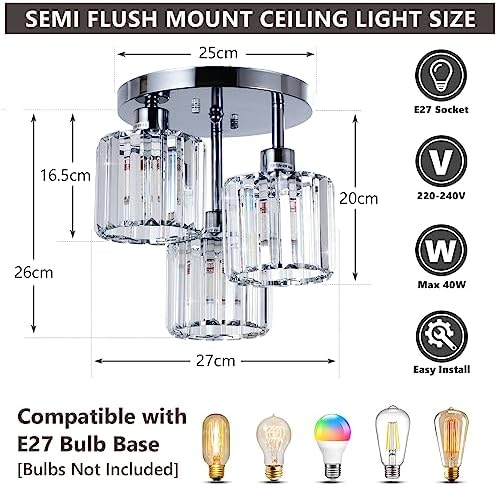 Rayofly Modern Crystal Chandelier – 3-Light Chrome Semi Flush Ceiling Light