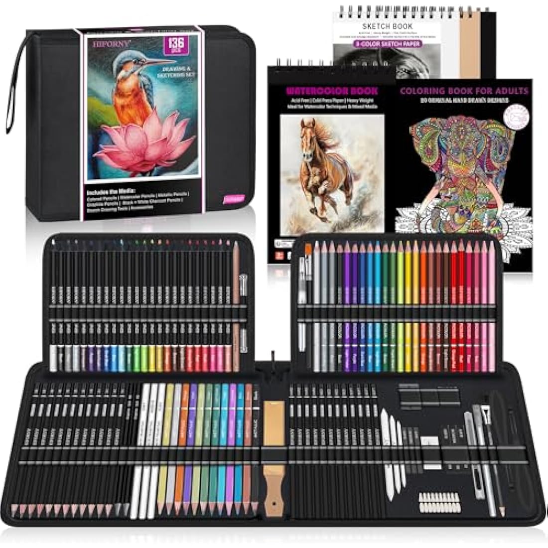 HIFORNY 136-Piece Drawing & Sketching Set with 3 Books and Zipper Case