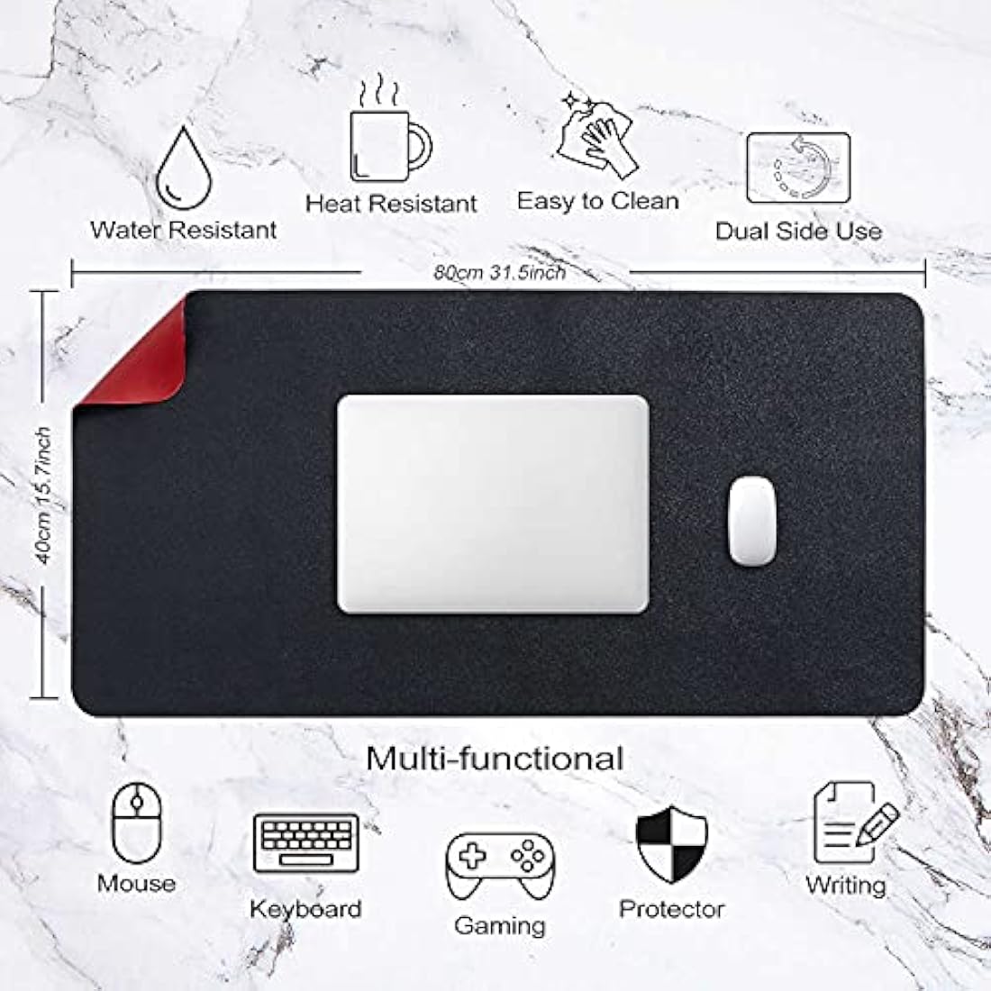 DOBAOJIA Large PU Leather Desk Pad | Waterproof Dual-Side Mouse Mat (Black/Red)