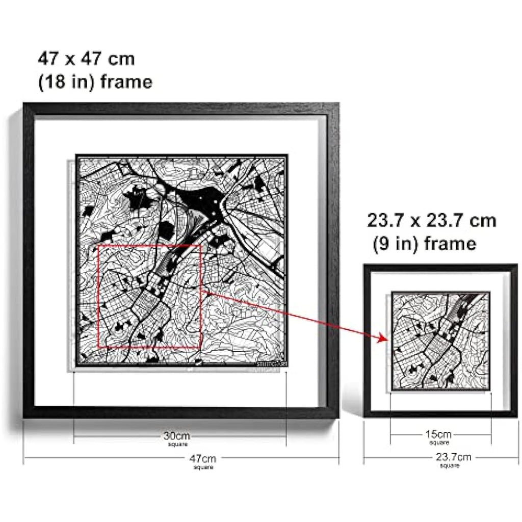 Stuttgart Paper Cut Map Wall Art –  Framed 9x9 Decor