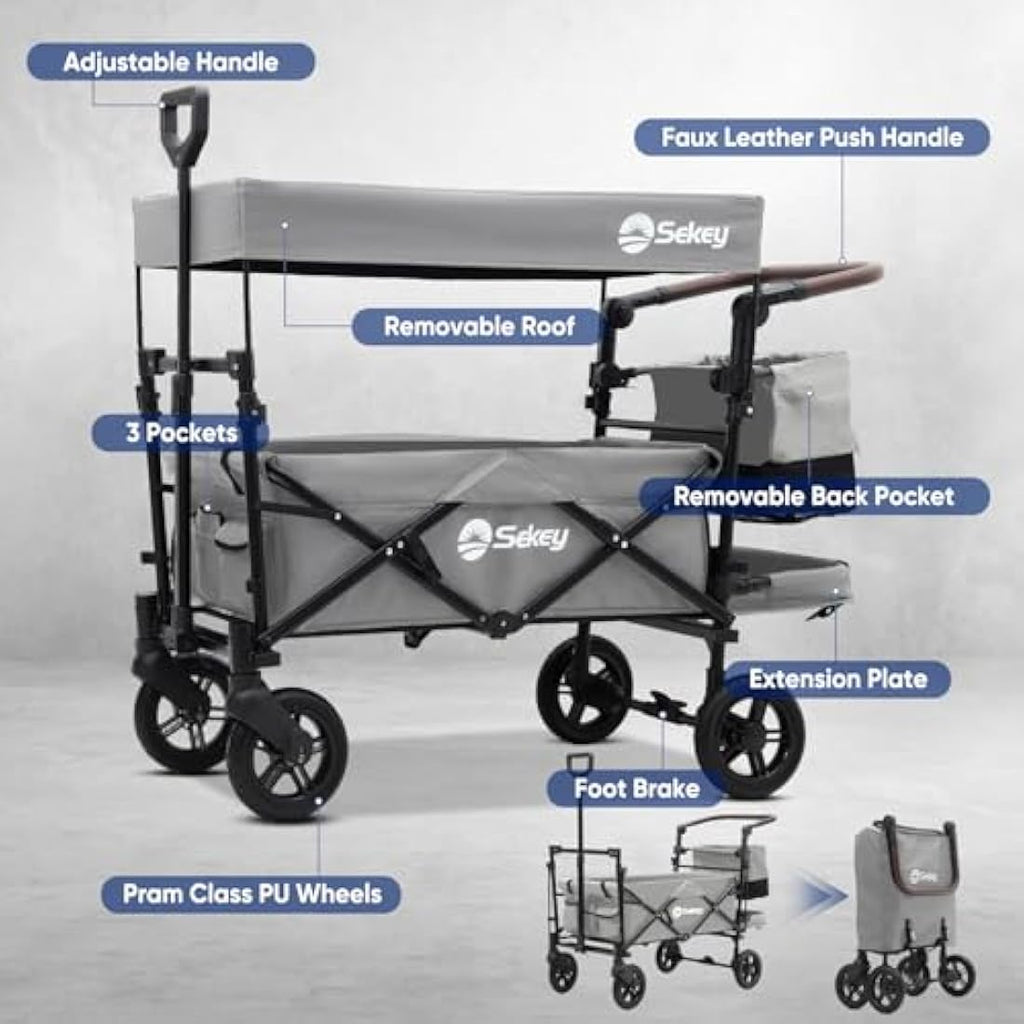 Sekey Kids Folding Wagon with Canopy | 220lbs Capacity Grey Trolley