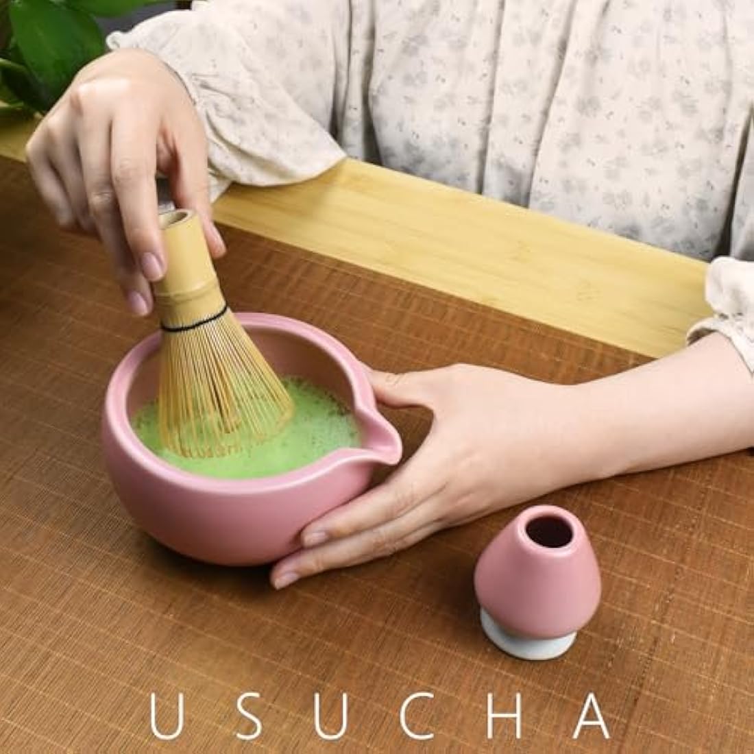 Artcome Matcha Tea Ceremony Kit – Bamboo Whisk and Pink Pottery Bowl