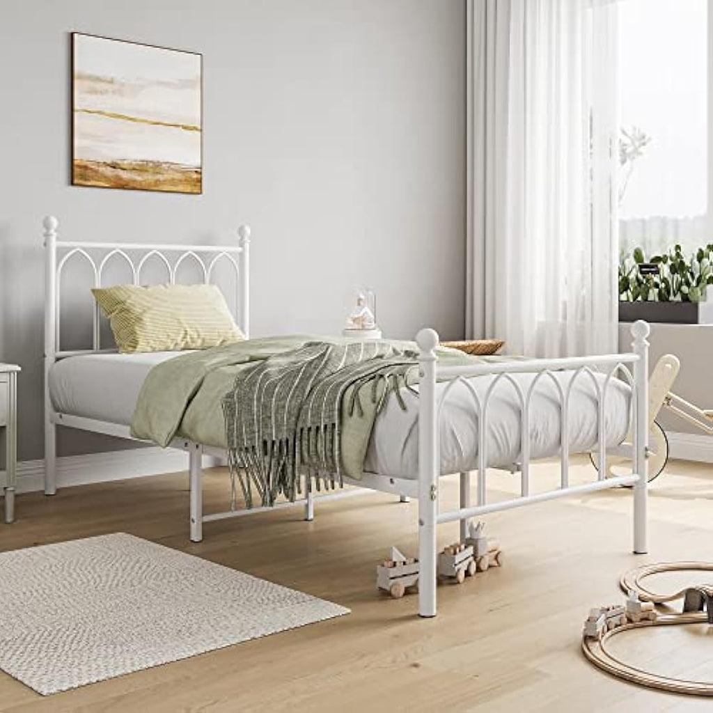 JELUTE Single Metal Bed Frame with Headboard and Footboard - White