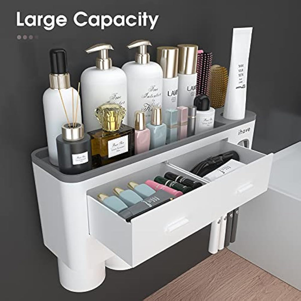 iHave Wall Mounted Toothbrush Holder with 4 Cups & Toothpaste Dispenser
