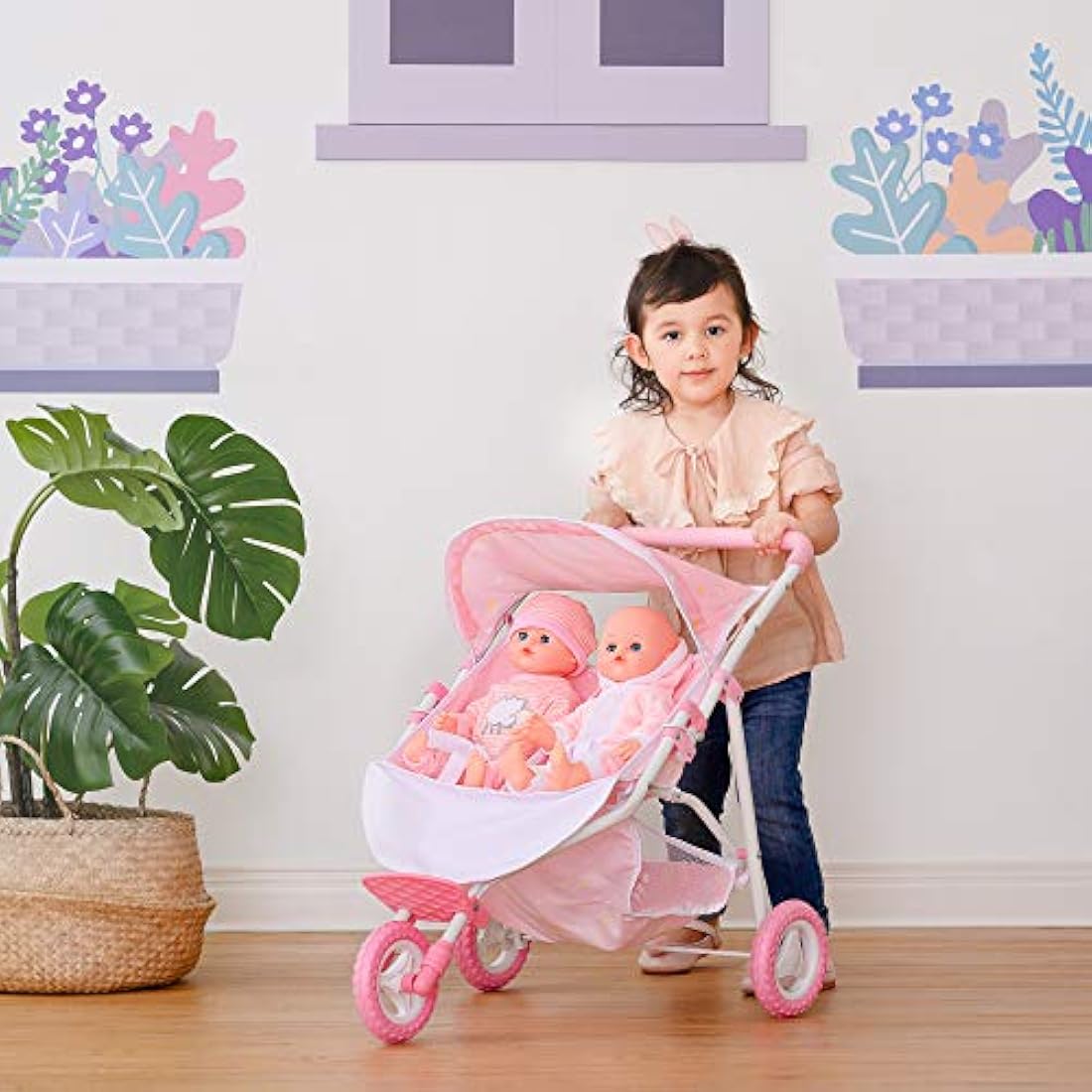 Olivia's Little World Twin Baby Doll Stroller – Pink Stars Pram