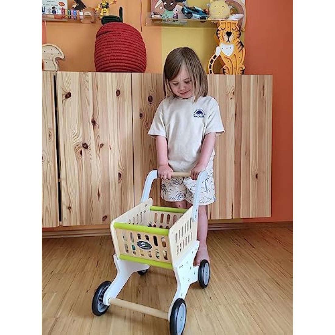 Small Foot Wooden Shopping Trolley – Kids Pretend Play Grocery Cart