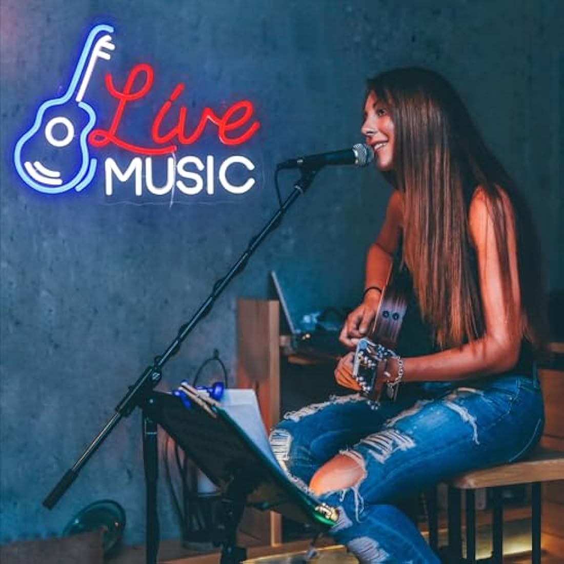 Live Music Guitar Neon Sign - Dimmable LED Wall Decor