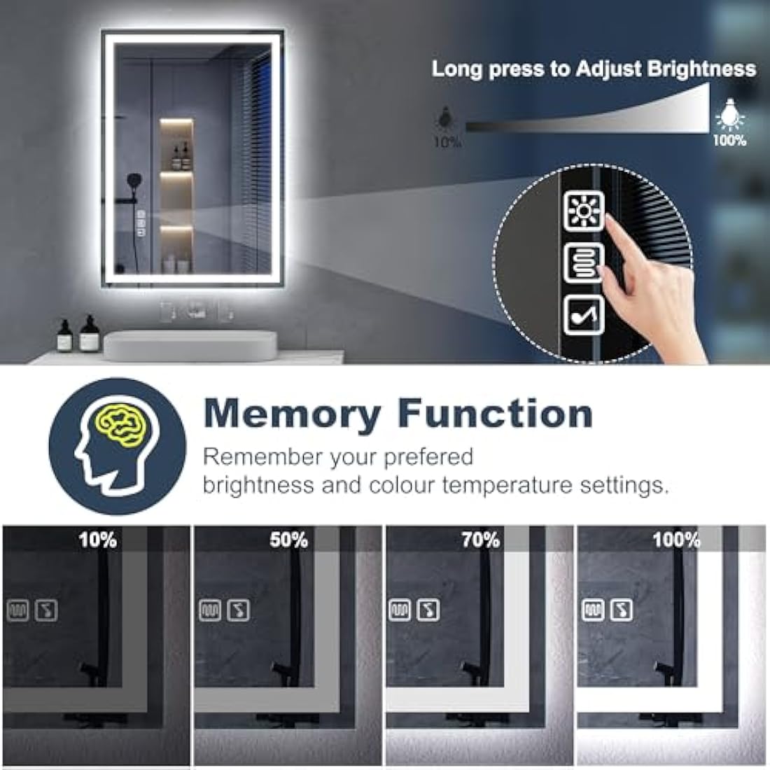 S'bagno Bluetooth LED Bathroom Mirror | Dimmable Defogging Tempered Glass