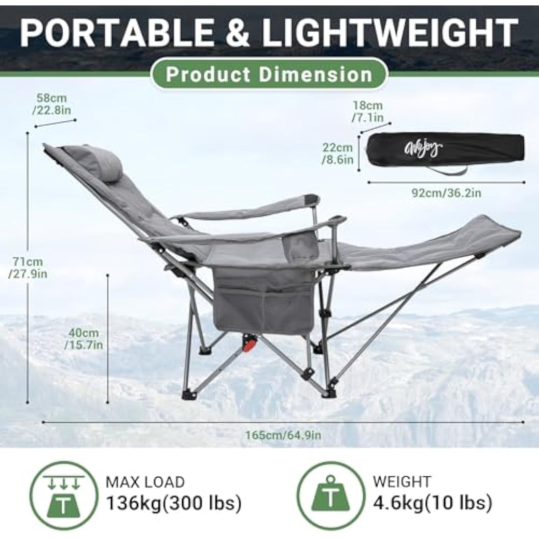 WEJOY Folding Reclining Camping Chairs with Footrest, Grey Padded - Set of 2