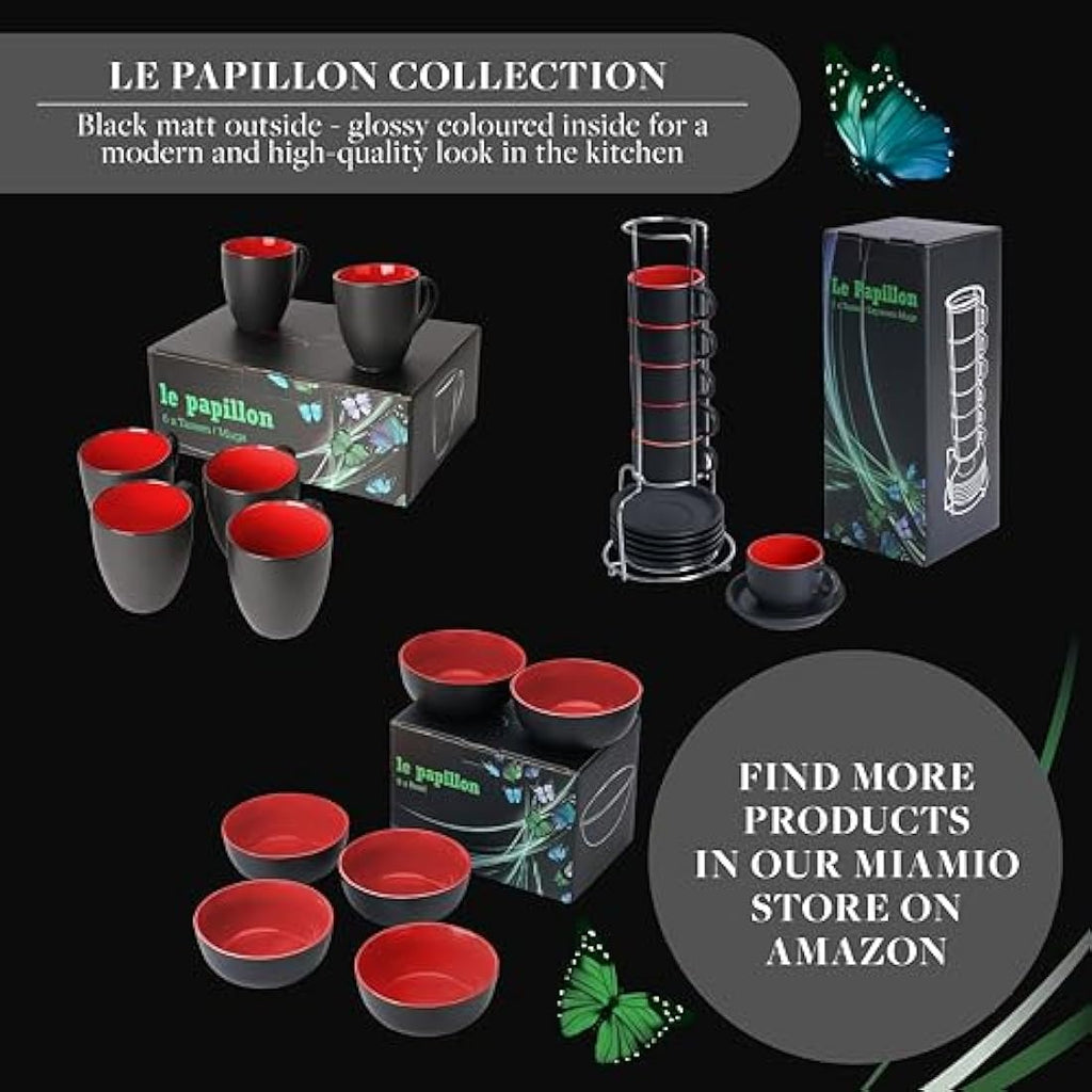 MIAMIO Stoneware Coffee Mug Set – 6 x 350ml Matte Black & Red Cups
