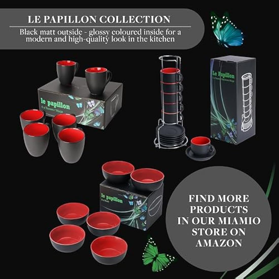 MIAMIO Stoneware Coffee Mug Set – 6 x 350ml Matte Black & Red Cups