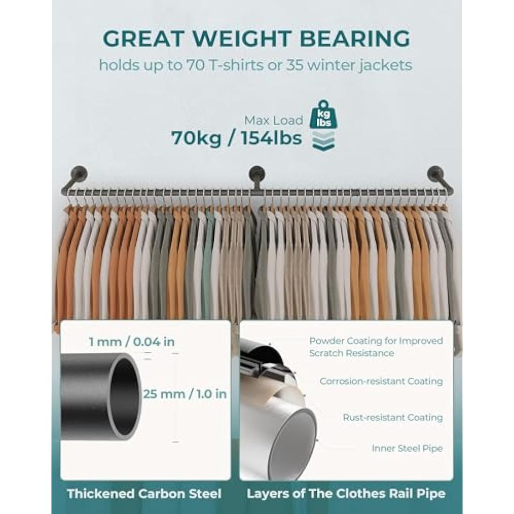 OROPY Industrial Pipe Clothes Rail | Set of 2 Heavy Duty Wall Mounted Rack