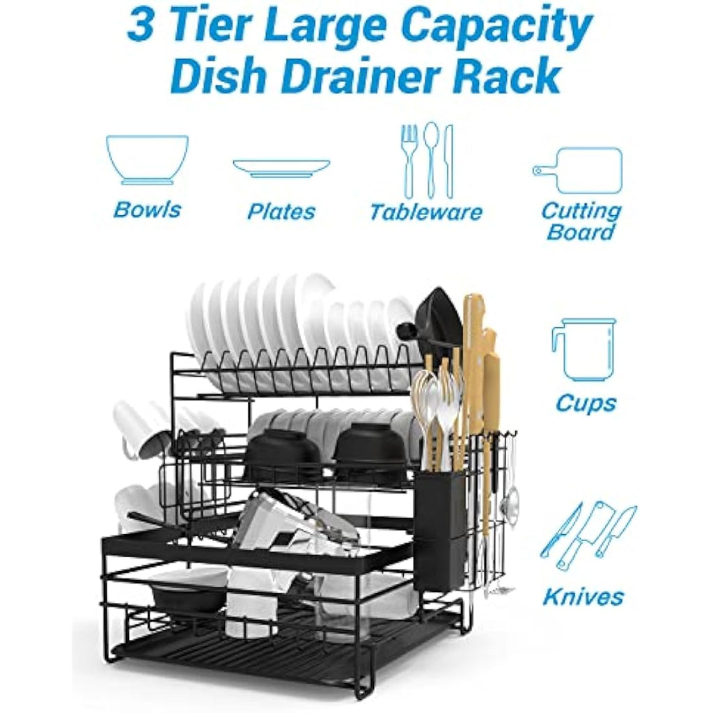 3-Tier Dish Drying Rack | Stainless Steel Sink Drainer, Black