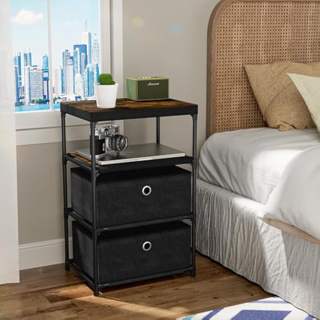 Mutool 4-Tier End Table | Nightstand with Fabric Drawers - Black