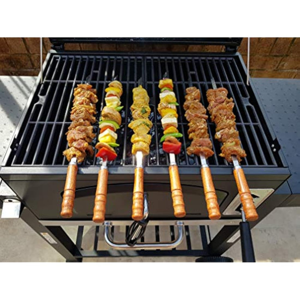 Flat Stainless Steel Kebab BBQ Skewers with Wood Handles | 6pc