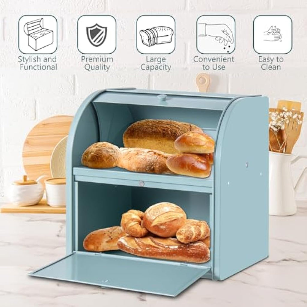 Dyserbuy Large 2-Layer Metal Bread Bin with Roll Top Lid - Green