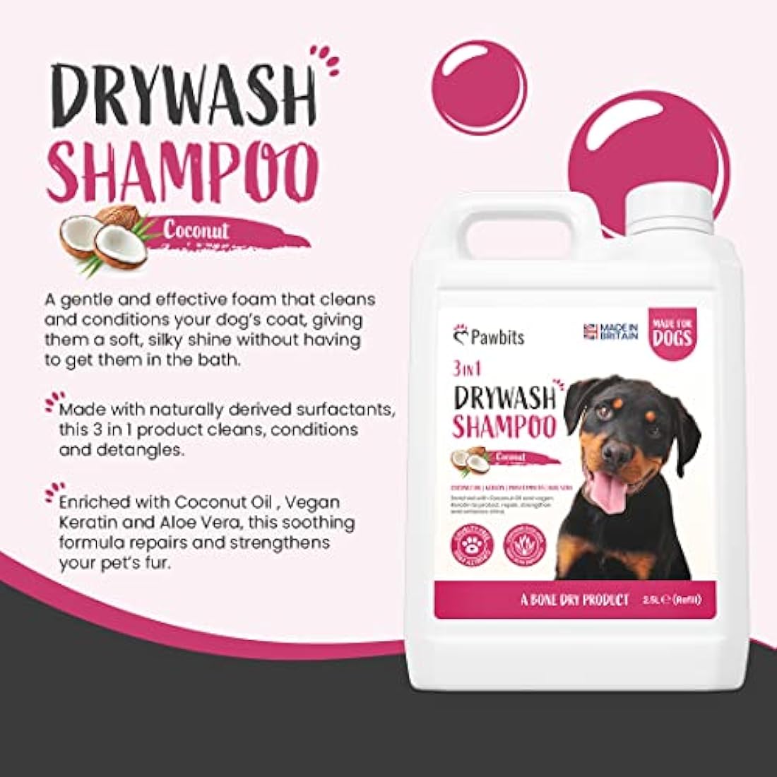 Pawbits Drywash Dog Shampoo – 3-in-1 Waterless Coconut Foam (2.5L)