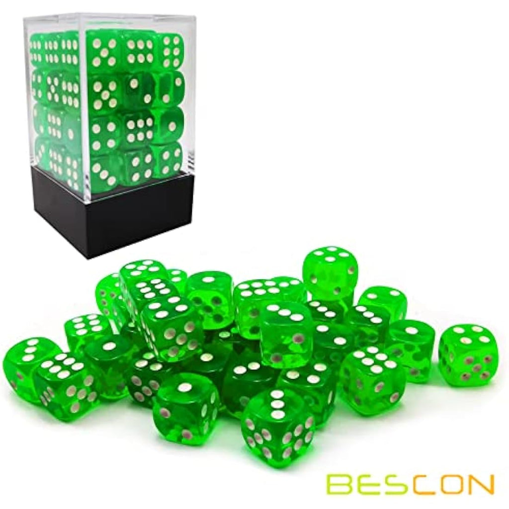 Bescon 12mm D6 Dice Set - 36 Translucent Green Six Sided Dice with Box