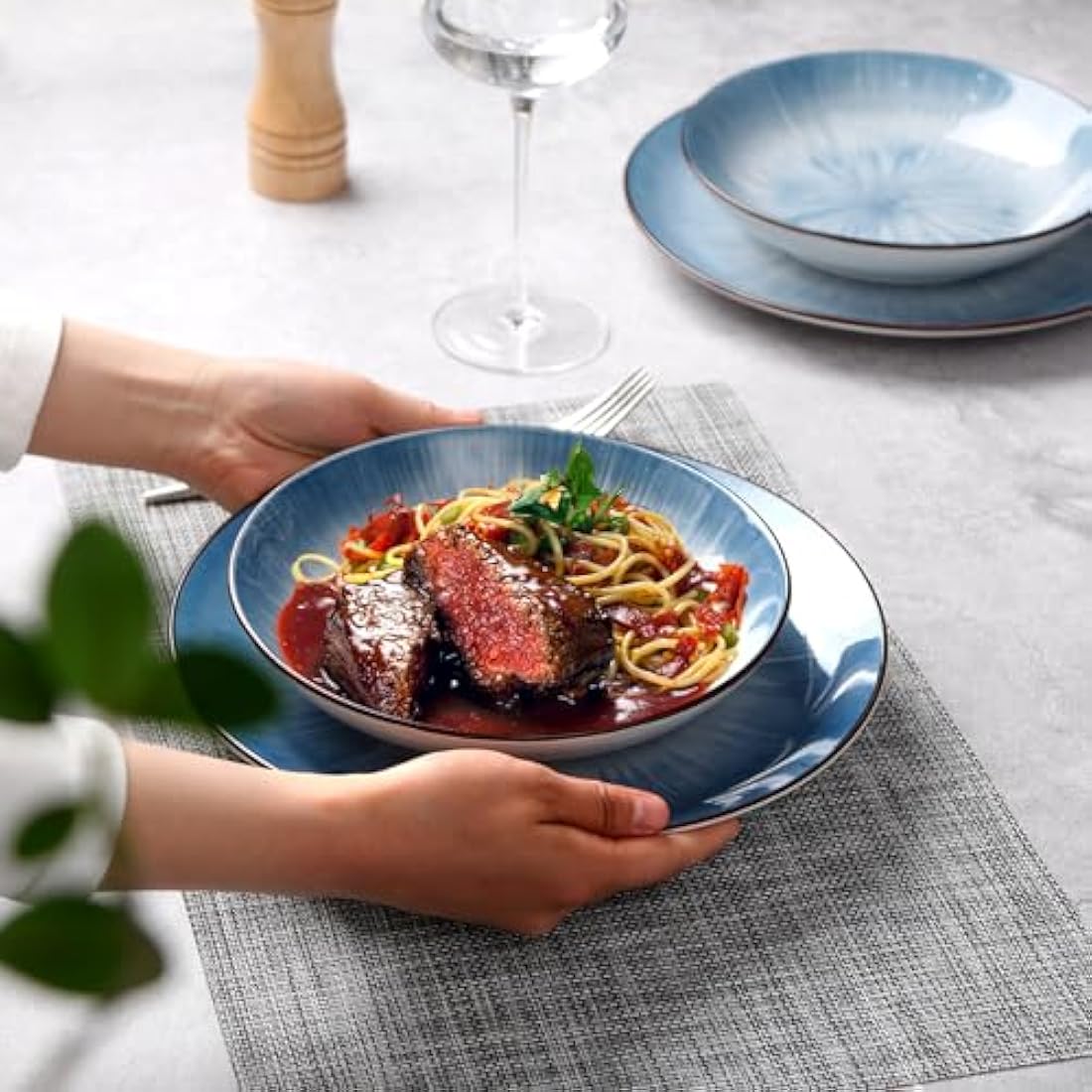 NUTRIUPS 8-Inch Ceramic Pasta Bowls - Set of 6 Blue Porcelain Plates