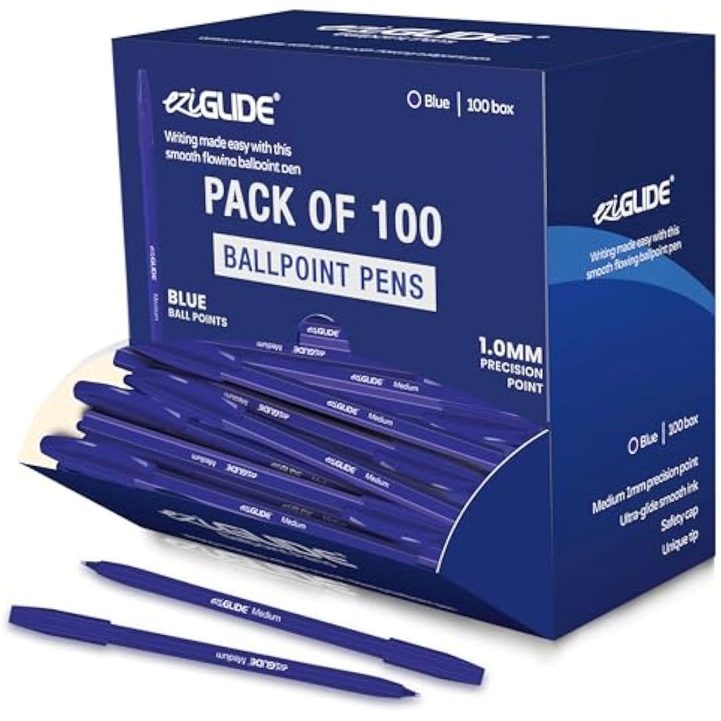 Eziglide Blue Ballpoint Pens - 100-Pack Medium Point (1.0mm) Set