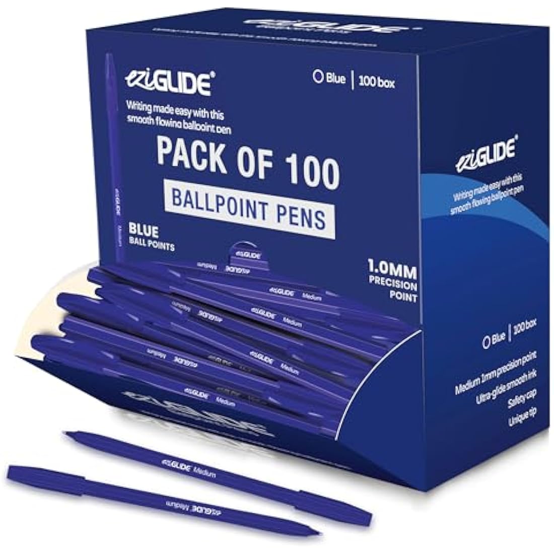 Eziglide Blue Ballpoint Pens - 100-Pack Medium Point (1.0mm) Set