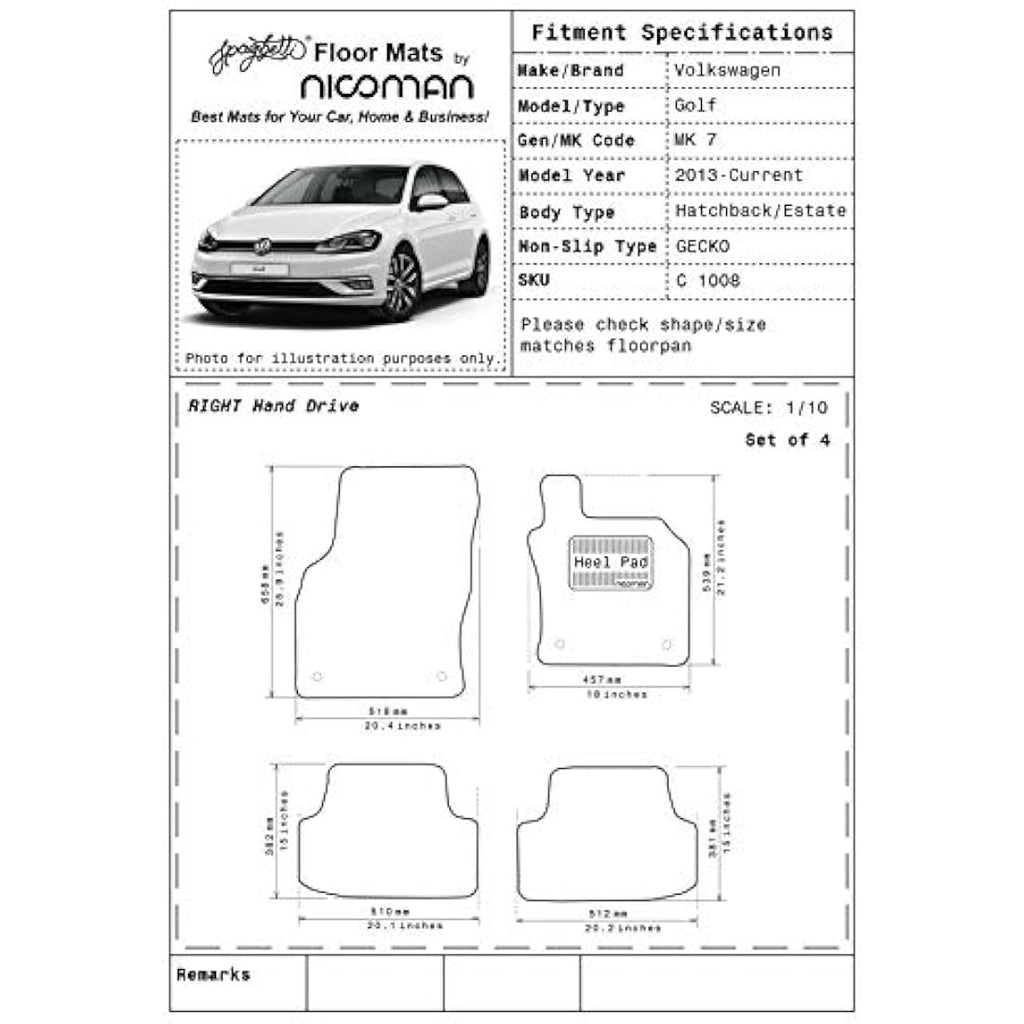 Nicoman All-Weather Car Mats for VW Golf MK7 2013-2019 | Black 2-Piece