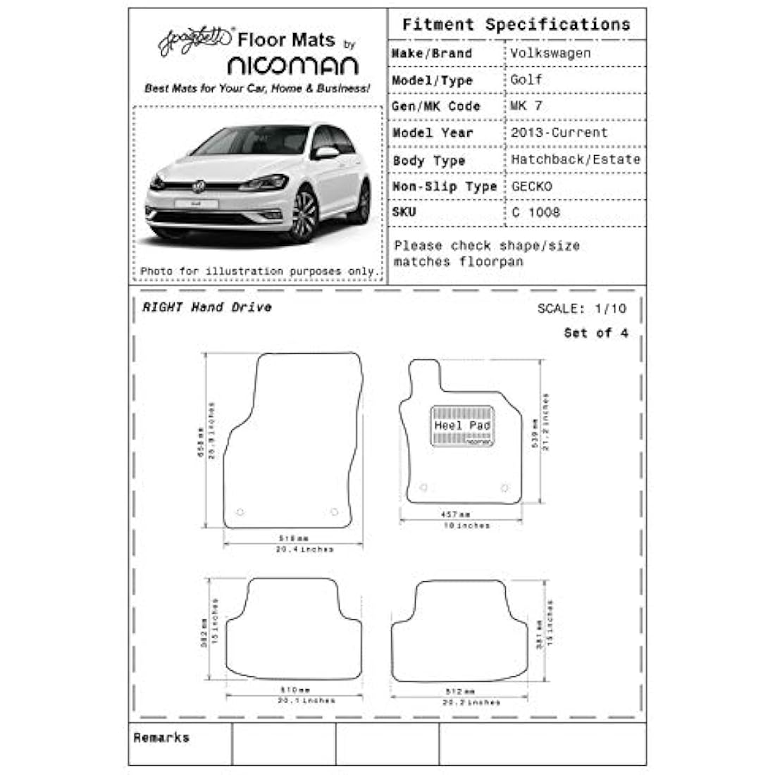 Nicoman All-Weather Car Mats for VW Golf MK7 2013-2019 | Black 2-Piece