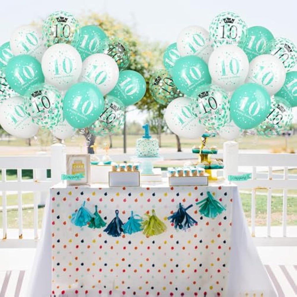 10th Birthday Balloons – 15pc Teal & White Party Decorations