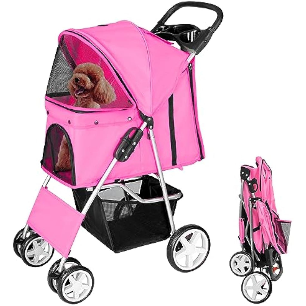 Display4top 4-Wheel Pet Stroller - Foldable Dog & Cat Travel Pram, Pink