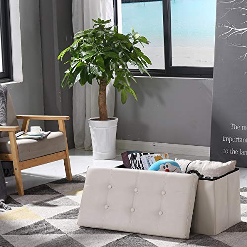 BRIAN & DANY Faux Leather Storage Ottoman Bench - Foldable, Cream