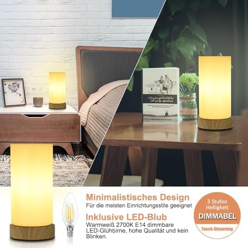 Jolof Store Touch Control Bedside Lamp – Dimmable Wood Base LED, 2 Pack