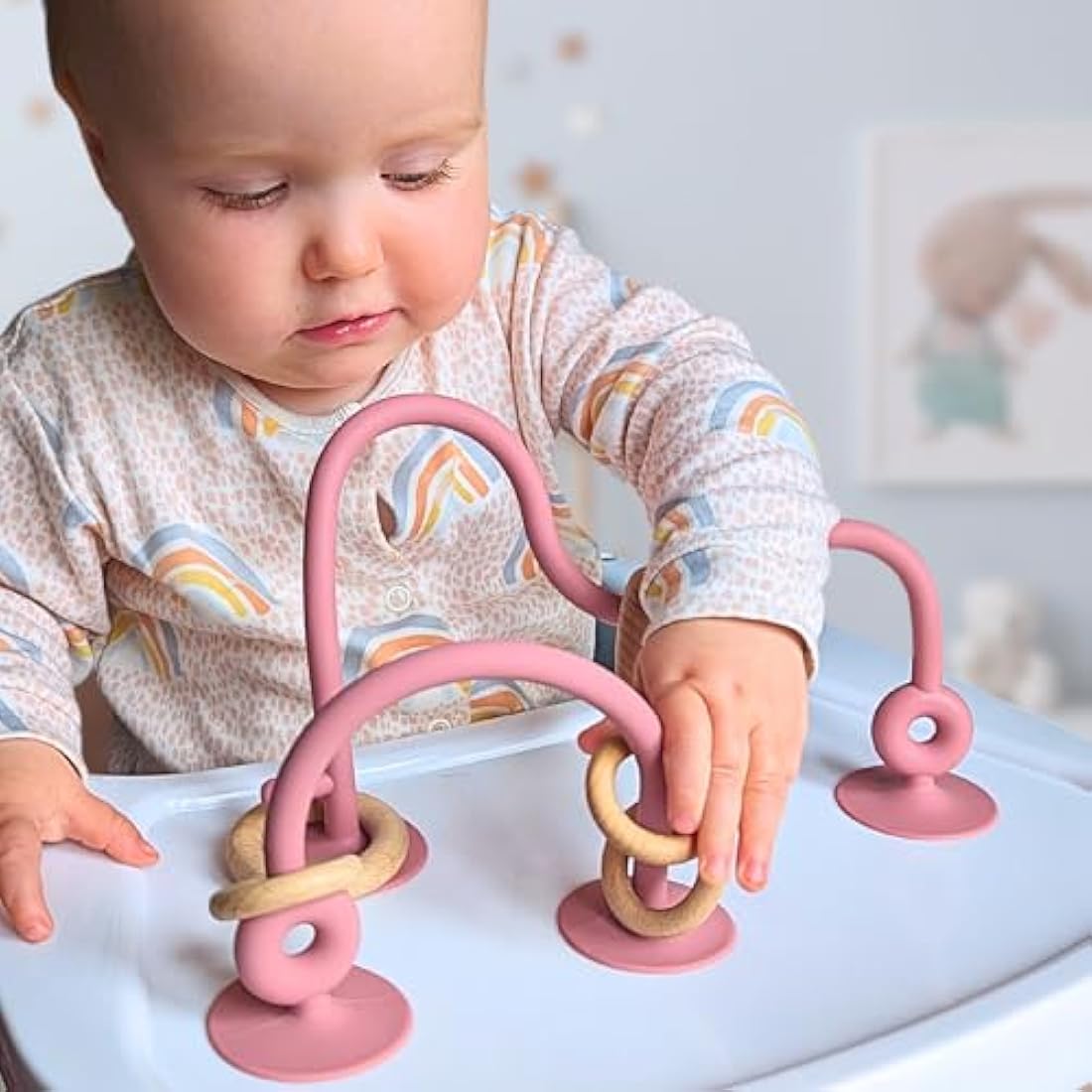 Infatot Silicone & Wood Suction Teething Toy – Sensory Baby Toy, Cream